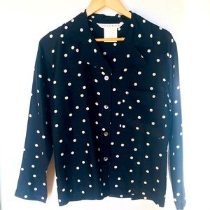 Leon Max Vintage Silk Black & Beige Polka Dot Button Down Blouse Sz 2 RN 58822